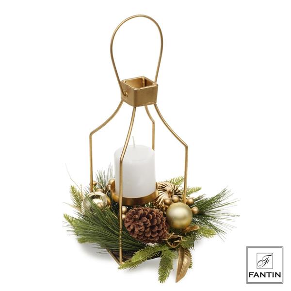 LANTERNA CON DECORAZIONI PORTA CANDELA ORO CM. 32X32XH33