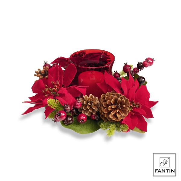 PORTA CANDELA DECORAZIONI STELLE DI NATALE ROSSE CM. Ø35XH17