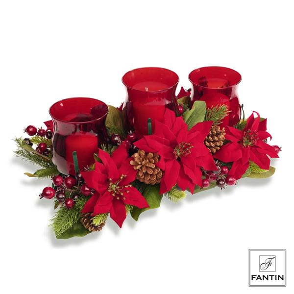 PORTA CANDELE 3 FIAM.DECORAZIONI STELLE DI NATALE ROSSE CM.65X34XH24