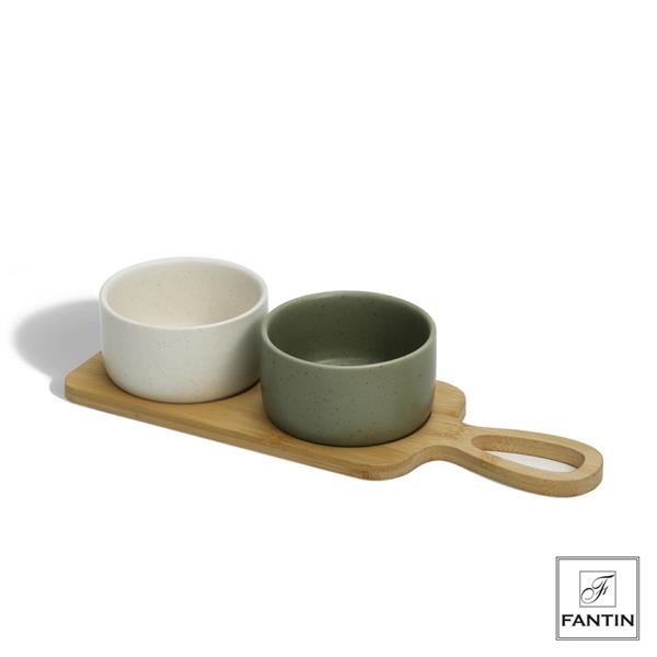 ANTIPASTIERA 2 CIOTOLINE Ø9X5 GREEN CERAMICA VASS. IN LEGNO CM.29X10