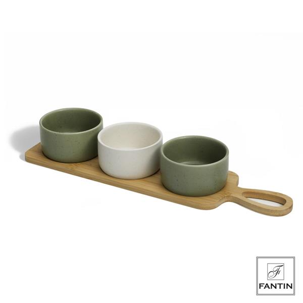ANTIPASTIERA 3 CIOTOLINE Ø9X5 GREEN CERAMICA VASS. IN LEGNO CM.39X10