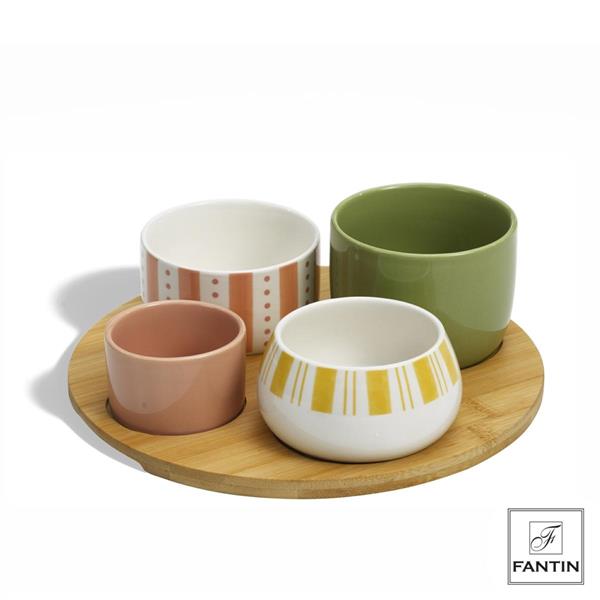 ANTIPASTIERA 4 CIOTOLINE COLORS ROTONDA CERAMICA.VASS.LEGNO CM.Ø23