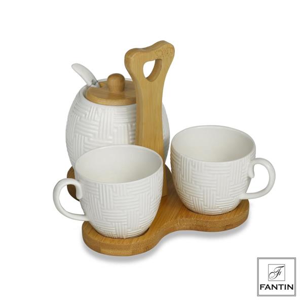SET 2 TAZZINE CAFFE' ZUCCHERIERA PORCELLANA B.BAMBOO CM.15,5X13,5H14