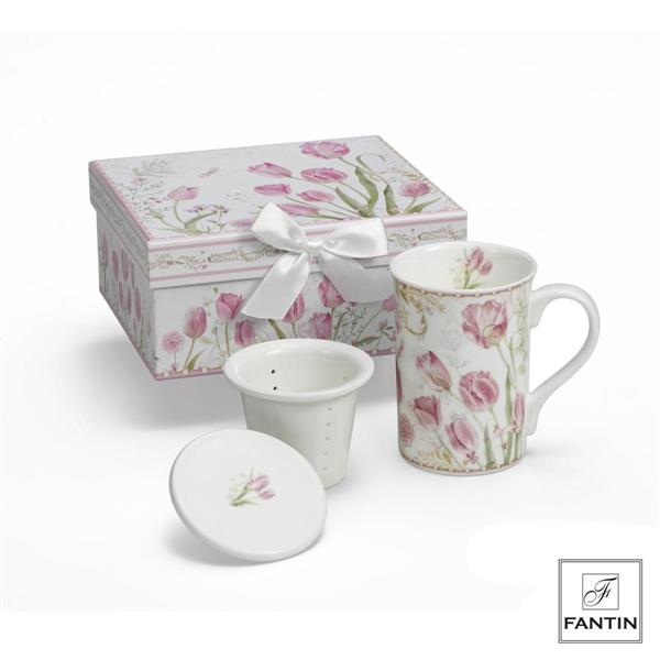 TAZZA CON INFUSORE TULIPANI IN PORCELLANA CM. Ø8XH11,5