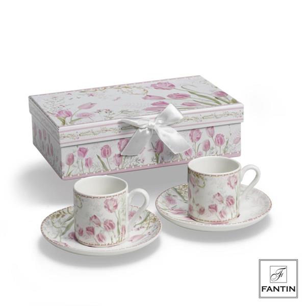 SET 2 TAZZINE CAFFE' CON PIATT. TULIPANI IN PORCELLANA CM.Ø12,5XH6,5