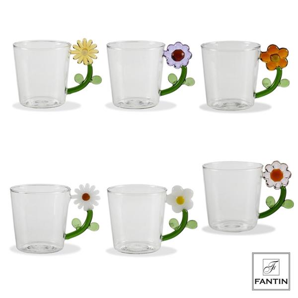 SET 6 BICCHIERI CON MANICO FLOREALE VETRO CM. Ø8,5 H8,8