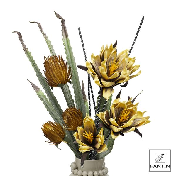 COMPOSIZ.FLOREALE DALIE,PROTEA NITIDA,AGAVE GIALLO CM.100-110;6STELI
