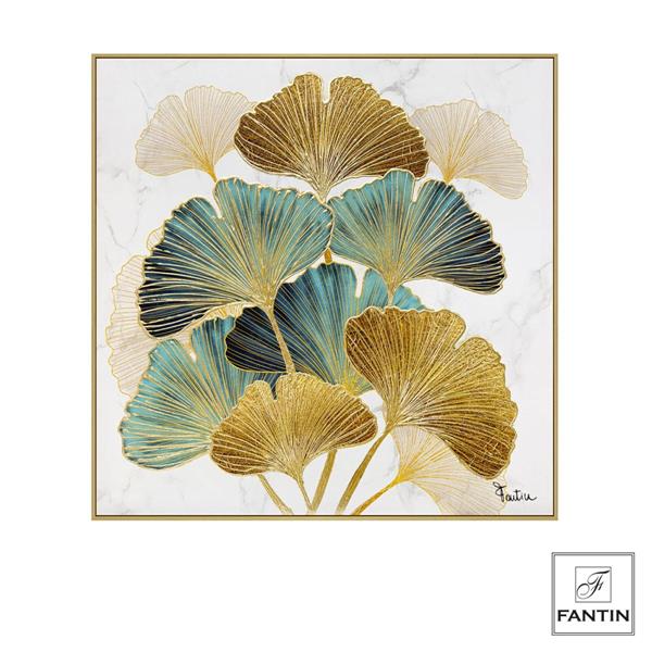 QUADRO CON CORNICE FOGLIE DI GINKGO CM. 100X100