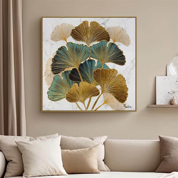 QUADRO CON CORNICE FOGLIE DI GINKGO CM. 100X100