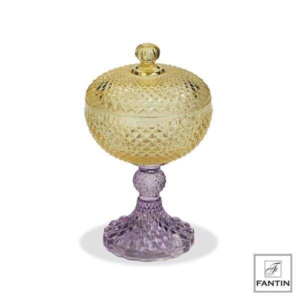 SCATOLA VETRO GIALLO CON PIEDE VIOLA CM. Ø10,5XH18,5