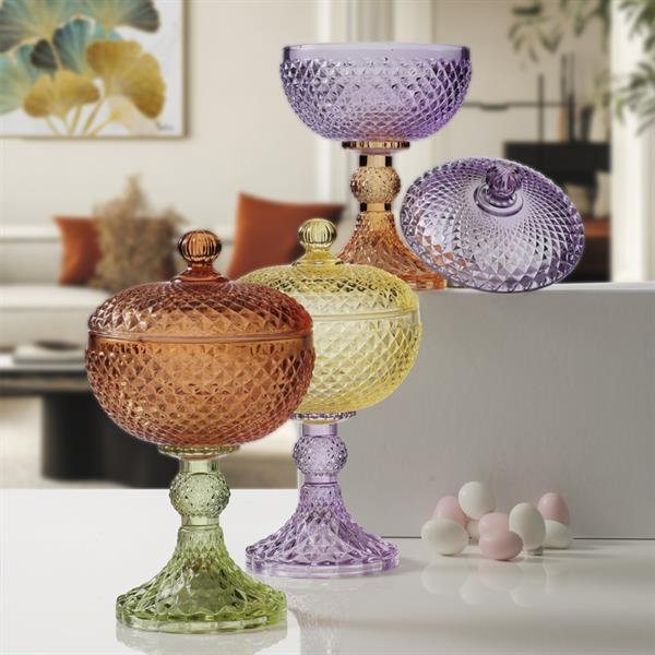 SCATOLA VETRO GIALLO CON PIEDE VIOLA CM. Ø10,5XH18,5