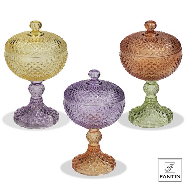 SCATOLA VETRO GIALLO CON PIEDE VIOLA CM. Ø10,5XH18,5