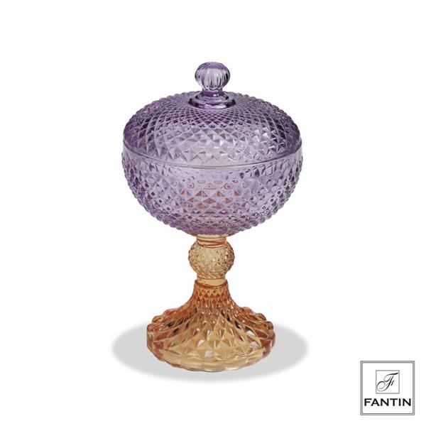 SCATOLA VETRO VIOLA CON PIEDE ARANCIO CM. Ø10,5XH18,5