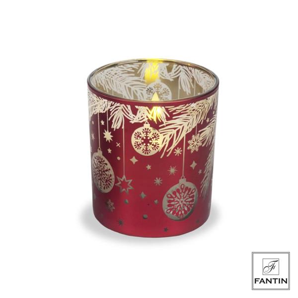 CANDELA LED VETRO ROSSO RAMI E PALLINE CM. Ø9XH10