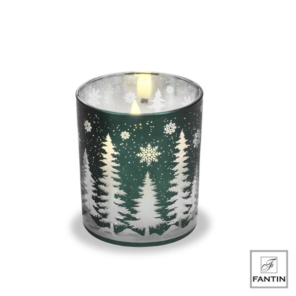 CANDELA LED VETRO VERDE FORESTA E FIOCCHI CM. Ø9XH10