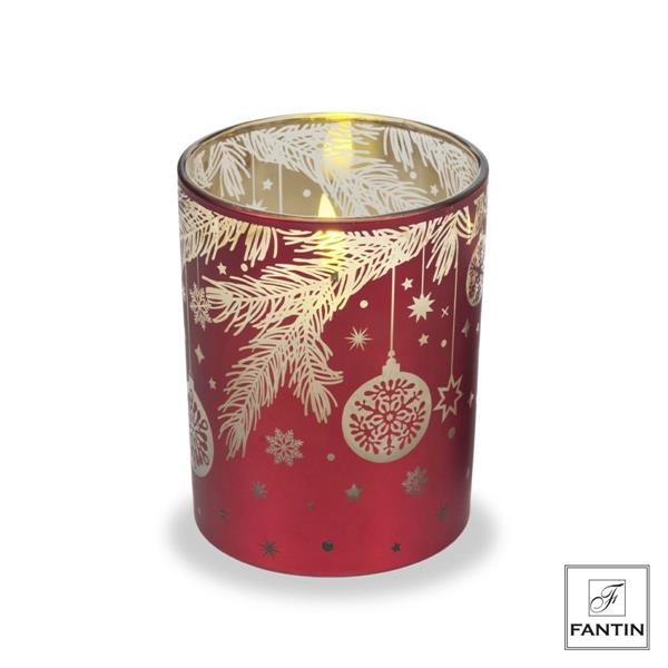 CANDELA LED VETRO ROSSO RAMI E PALLINE CM. Ø10XH12,5