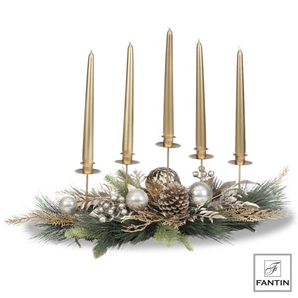 PORTA CANDELE 5 FIAM.DECORAZIONI PALLINE RAMI PIGNE ORO CM.67X36XH22
