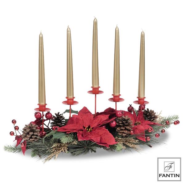 PORTA CANDELE 5 FIAM.DECORAZIONI STELLE NAT ROSSE C/PIGNE CM67X36H22