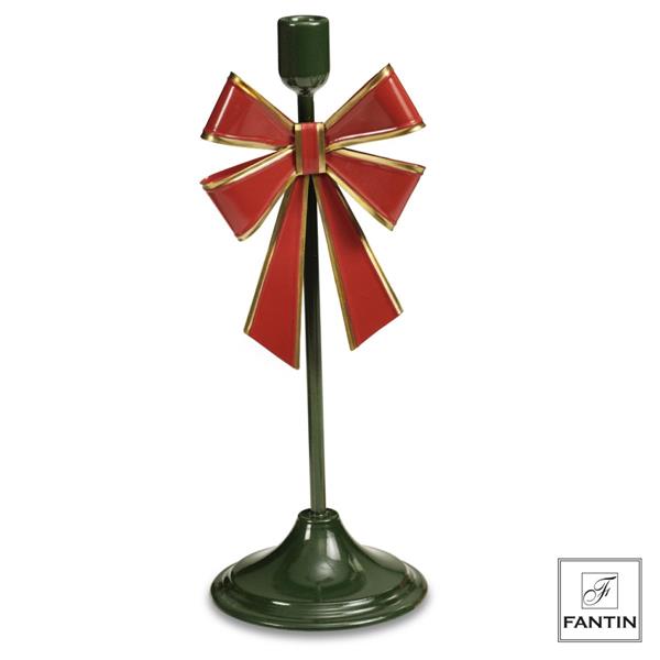 PORTA CANDELA METALLO VERDE FIOCCO ROSSO CM.14,3X14,3XH37,8