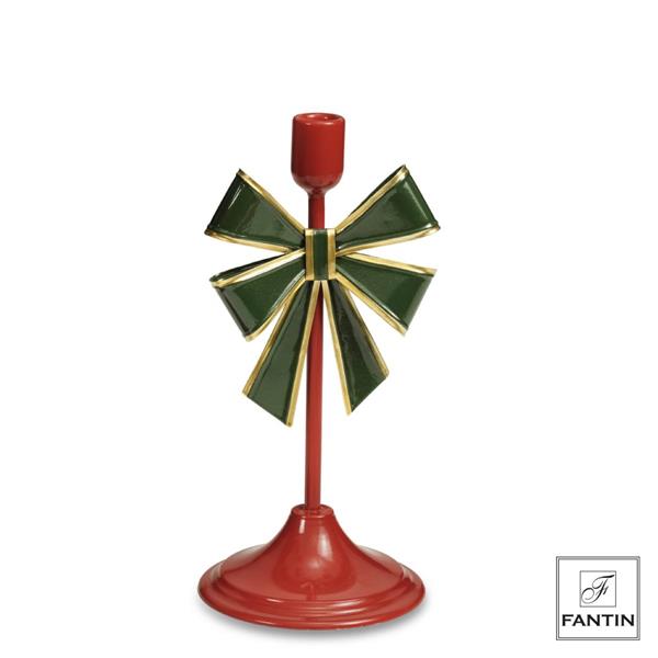 PORTA CANDELA METALLO ROSSO FIOCCO VERDE CM.14,3X14,3XH30,8