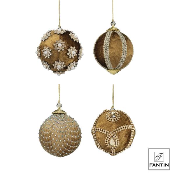 COLLEZIONE 4 ADDOBBI PALLE VELLUTO E STRASS MIX GOLD CM. Ø8