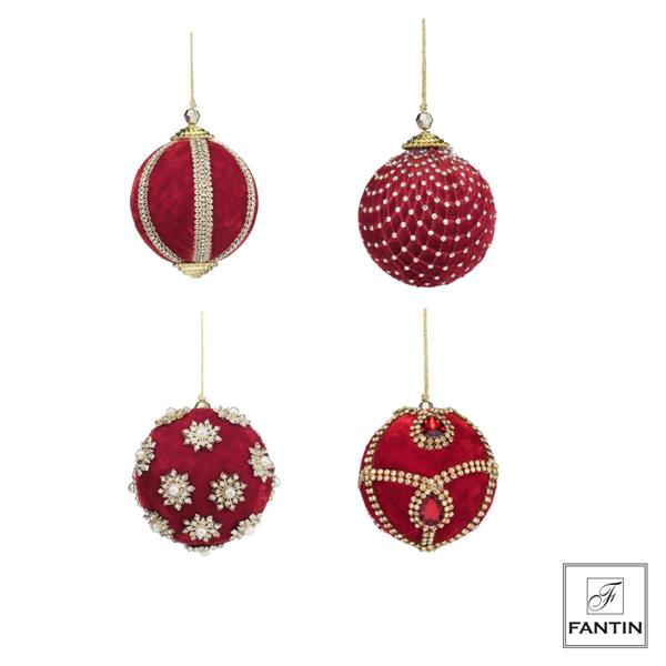 COLLEZIONE 4 ADDOBBI PALLE VELLUTO E STRASS MIX RED CM. Ø8
