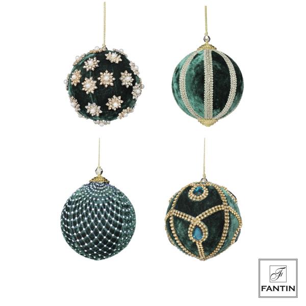 COLLEZIONE 4 ADDOBBI PALLE VELLUTO E STRASS MIX GREEN CM. Ø8