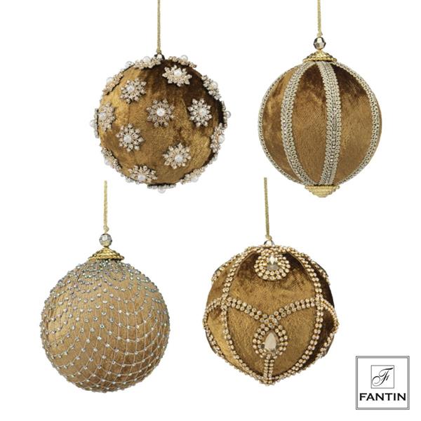 COLLEZIONE 4 ADDOBBI PALLE VELLUTO E STRASS MIX GOLD CM. Ø10