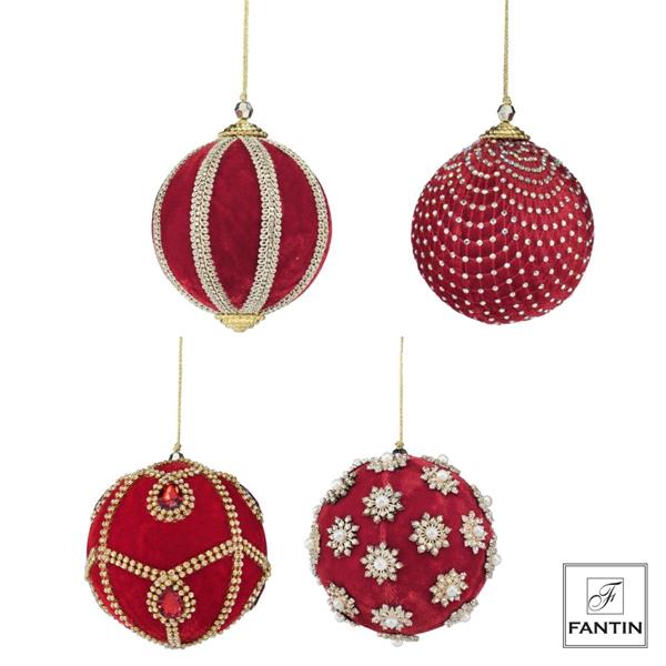 COLLEZIONE 4 ADDOBBI PALLE VELLUTO E STRASS MIX RED CM. Ø10