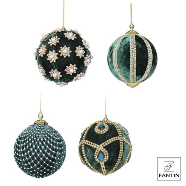COLLEZIONE 4 ADDOBBI PALLE VELLUTO E STRASS MIX GREEN CM. Ø10