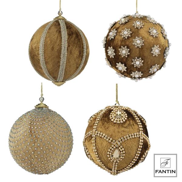 COLLEZIONE 4 ADDOBBI PALLE VELLUTO E STRASS MIX GOLD CM. Ø12