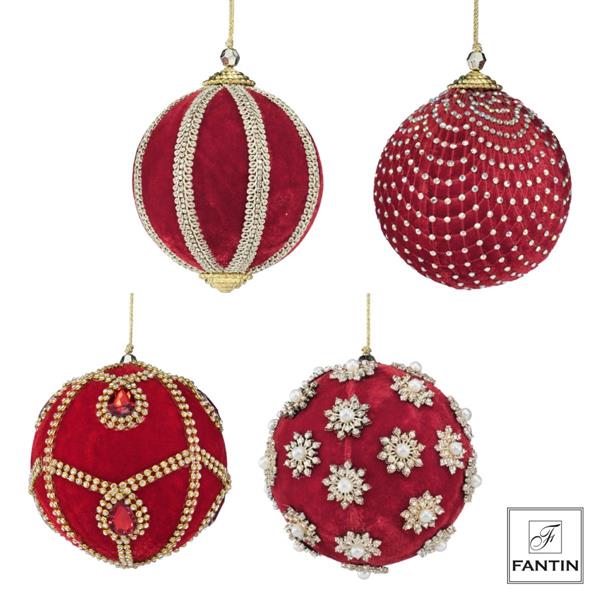 COLLEZIONE 4 ADDOBBI PALLE VELLUTO E STRASS MIX RED CM. Ø12