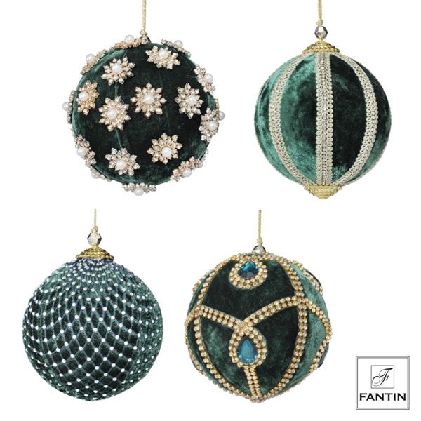 COLLEZIONE 4 ADDOBBI PALLE VELLUTO E STRASS MIX GREEN CM. Ø12