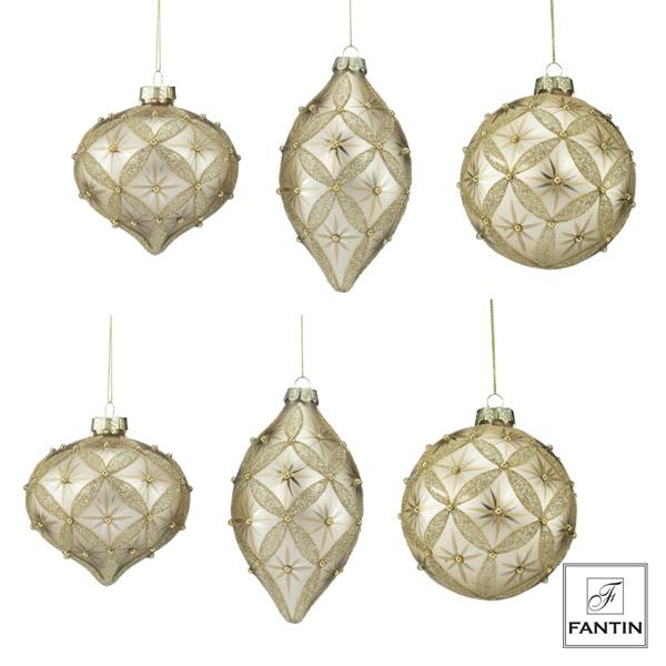 COLLEZIONE 6 ADDOBBI PALLE VETRO GOLD STRASS CM. Ø10-Ø10-Ø8 H14(2X)