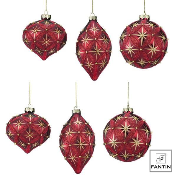 COLLEZIONE 6 ADDOBBI PALLE VETRO RED STRASS CM. Ø10-Ø10-Ø8 H14(2X)