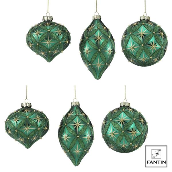 COLLEZIONE 6 ADDOBBI PALLE VETRO GREEN STRASS CM. Ø10-Ø10-Ø8 H14(2X)