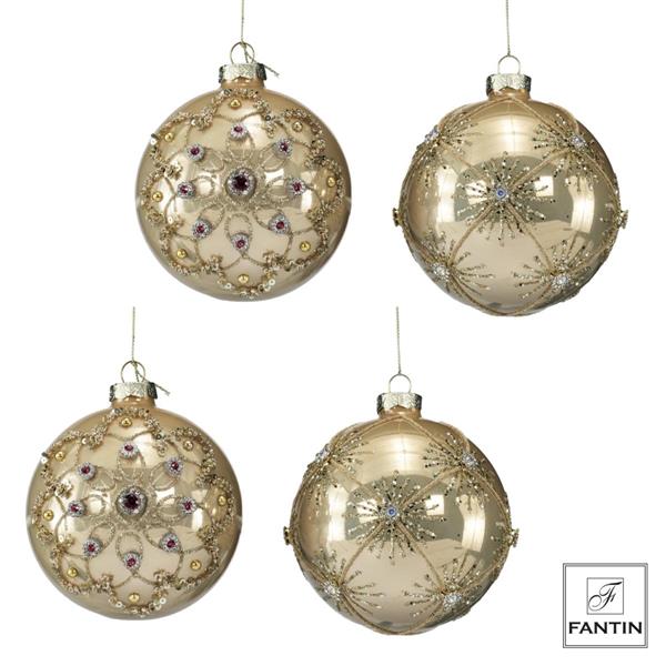 COLLEZIONE 4 ADDOBBI PALLE VETRO GOLD STRASS ORO CM. Ø10 (2X DECORO)