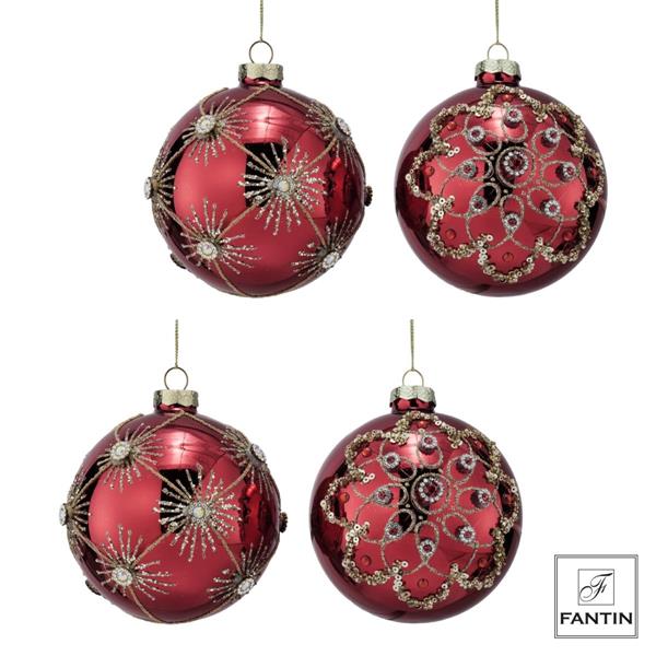 COLLEZIONE 4 ADDOBBI PALLE VETRO RED STRASS ORO CM. Ø10 (2X DECORO)
