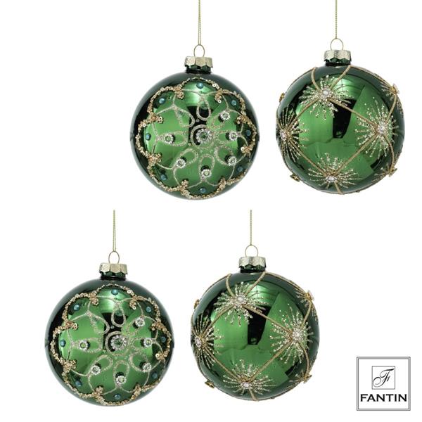 COLLEZIONE 4 ADDOBBI PALLE VETRO GREEN STRASS ORO CM.Ø10 (2X DECORO)
