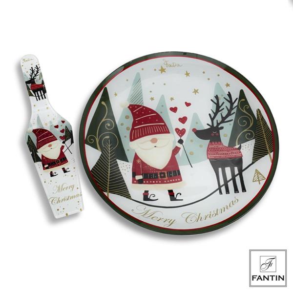 SET PIATTO PANETTONE E PALA TORTA VETRO ELFO E RENNA CM.Ø30
