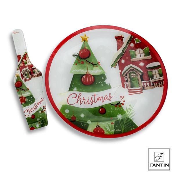 SET PIATTO PANETTONE E PALA TORTA VETRO ALBERO E CASETTA CM.Ø30