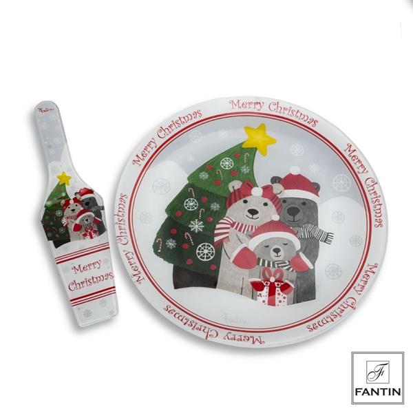 SET PIATTO PANETTONE E PALA TORTA VETRO FAMIGLIOLA ORSETTI CM.Ø30