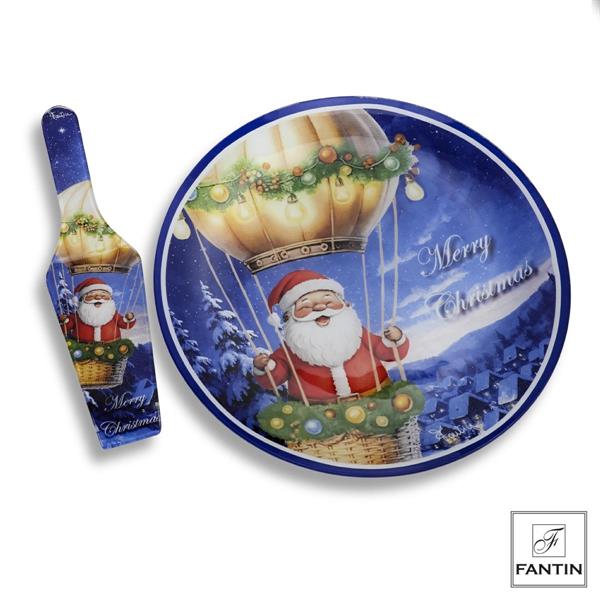 SET PIATTO PANETTONE E PALA TORTA VETRO BABBO IN MONGOLFIERA CM.Ø30