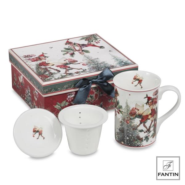 TAZZA CON INFUSORE ALBERO E FOLLETTI IN PORCELLANA CM. Ø8XH11,5