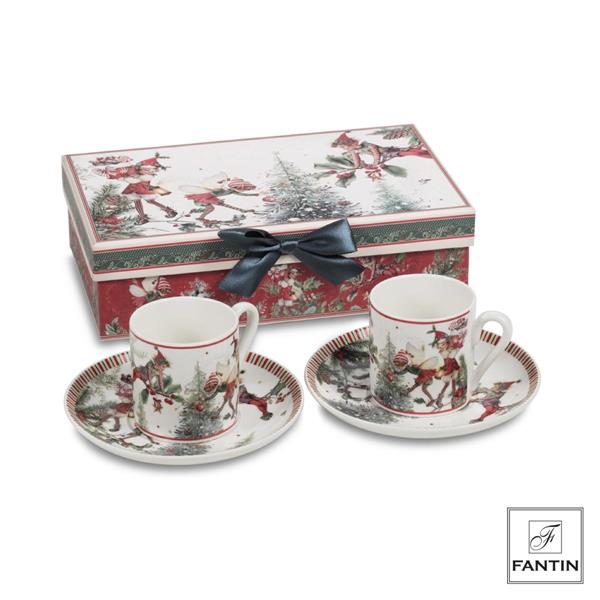 SET 2 TAZZINE CAFFE' CON PIATTINO ALBERO E FOLLETTI PORC.CMØ12,5H6,5