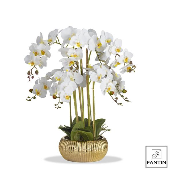 ORCHIDEA BIANCA 8 RAMI REAL TOUCH CON VASO CERAMICA ORO CM Ø33 X H75