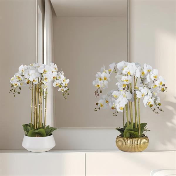 * ORCHIDEA BIANCA 8 RAMI REAL TOUCH CON VASO CERAMICA ORO CM Ø33XH75