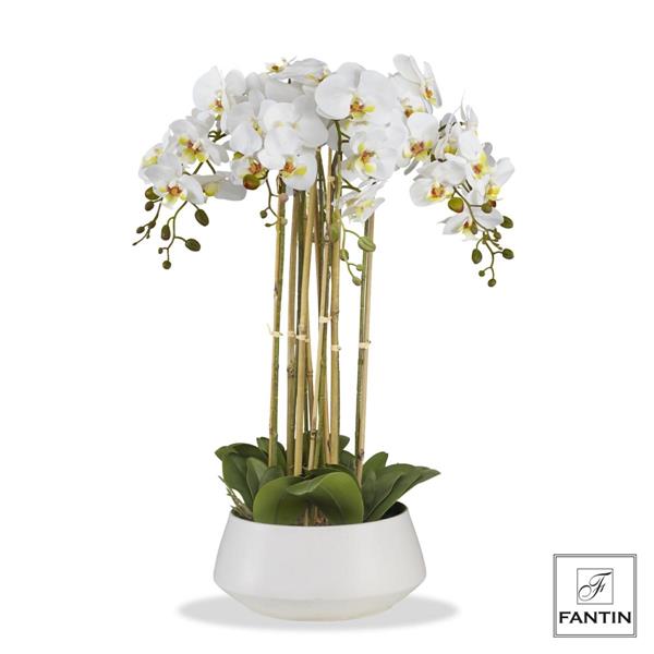 ORCHIDEA BIANCA 8 RAMI REAL TOUCH CON VASO CERAMICA BIANCO CMØ33XH78