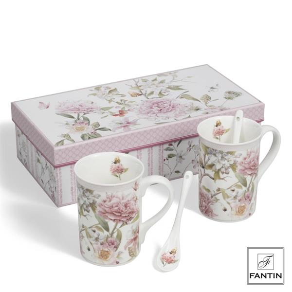 SET 2 TAZZE E 2 CUCCHIAI NEW PEONIA IN PORCELLANA CM. Ø7,5XH10,5