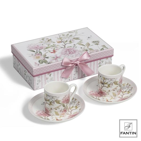 SET 2 TAZZINE CAFFE' E PIATTINO NEW PEONIA IN PORCELLANA CM.Ø12,5XH6